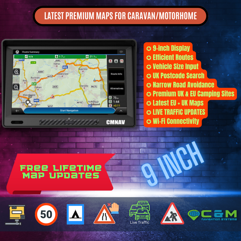 9" CMNAV Traffic Camper Plus (Android, Wi-Fi, Live Traffic) - C & M Navigation Systems 