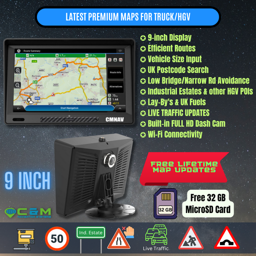 9" CMNAV 360 Traffic Truck Plus - LIVE TRAFFIC, Built-in FullHD Dashcam, Android, Wi-Fi - C & M Navigation Systems 