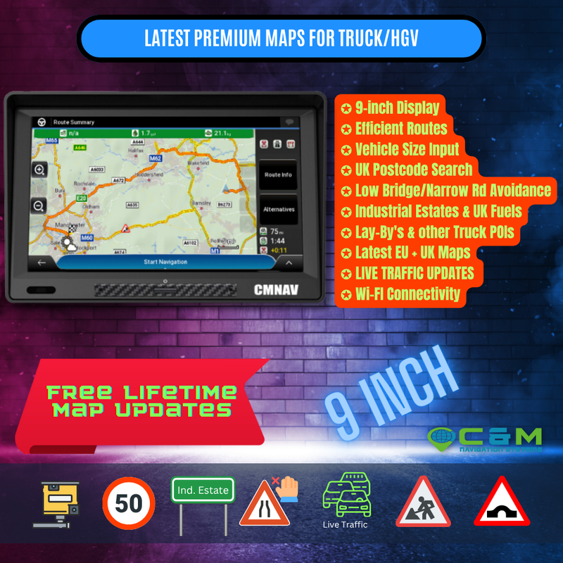 9" CMNAV Traffic Truck Plus (LIVE TRAFFIC, ANDROID, Wi-Fi) - C & M Navigation Systems 
