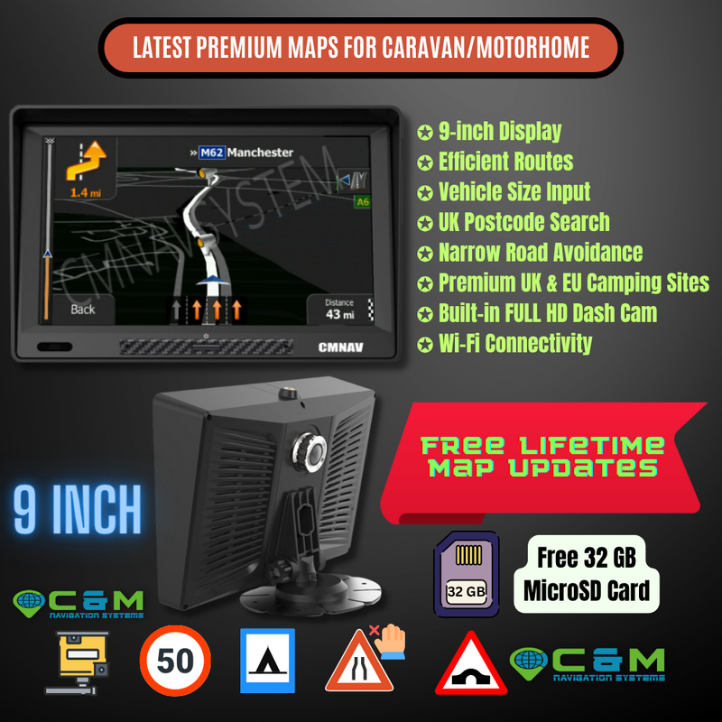 9" CMNAV 360 Camper Plus (Built-in Dashcam, Android, Wi-Fi - NO Live Traffic) - C & M Navigation Systems 