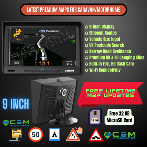 9" CMNAV 360 Camper Plus (Built-in Dashcam, Android, Wi-Fi - NO Live Traffic) - C & M Navigation Systems 