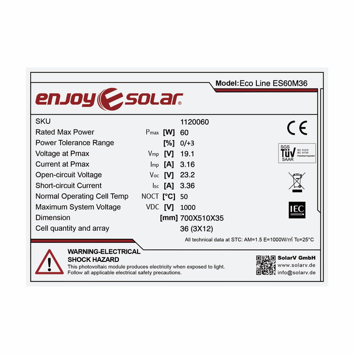 SolarV Eco Line ES60M36 Enjoysolar 60W Monocrystalline Solar Panel with 12 V Solar Module, Ideal for Motorhomes, Garden Sheds, Boats - C & M Navigation Systems 