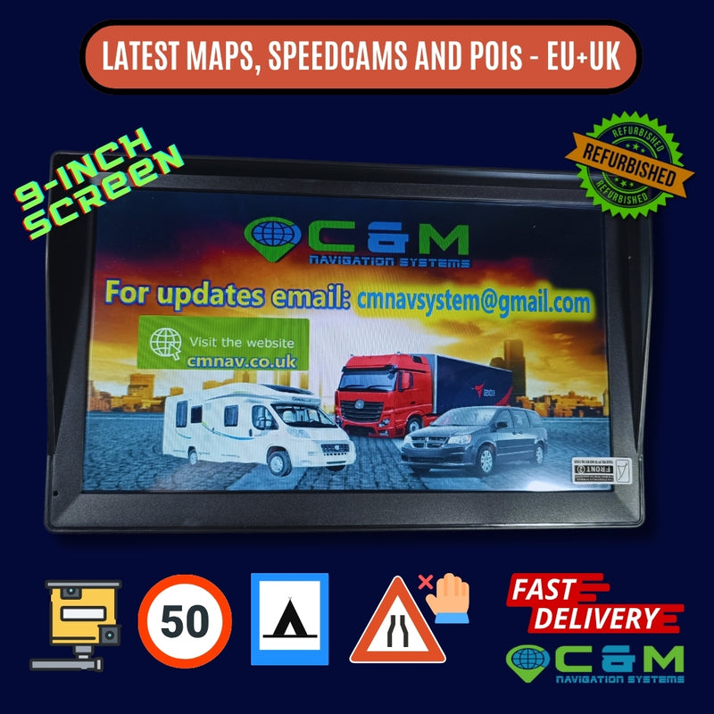 REFURBISHED 9-inch CMNAV ADVANCED PLUS Sat Nav (v2 with built in sunshade) - C & M Navigation Systems 