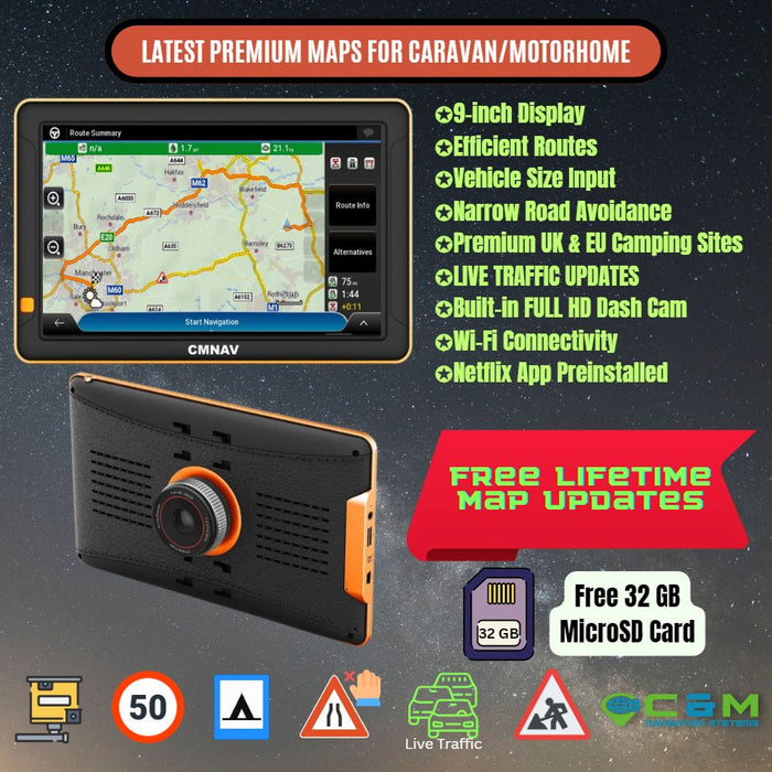 9" CMNAV 360 Traffic Camper Plus with built-in Dash Cam and Live Traffic - C & M Navigation Systems 