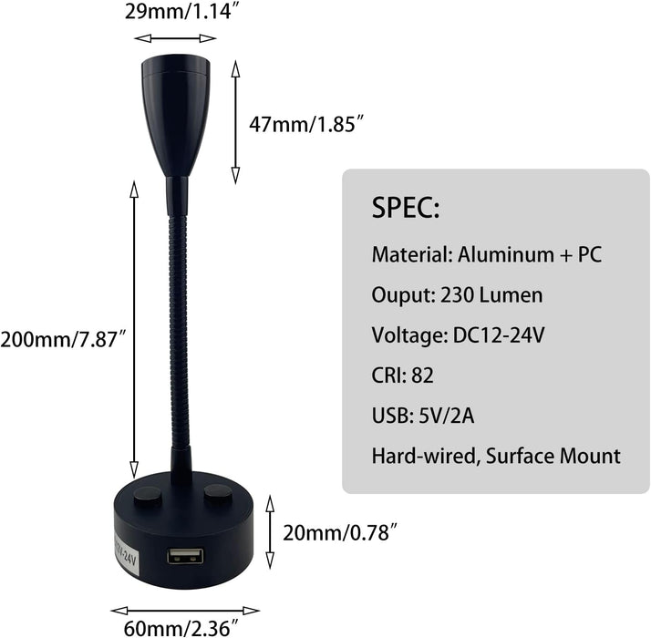 LED Reading Light, DC 12V Reading Lamp with USB, Bedside RV Spot Lamp, 2Pcs Touch Dimmable Switch Flexible Gooseneck Wall Lamp for Boat, Motorhome, Camper Caravan Van Interior Lighting (Silver) - C & M Navigation Systems 