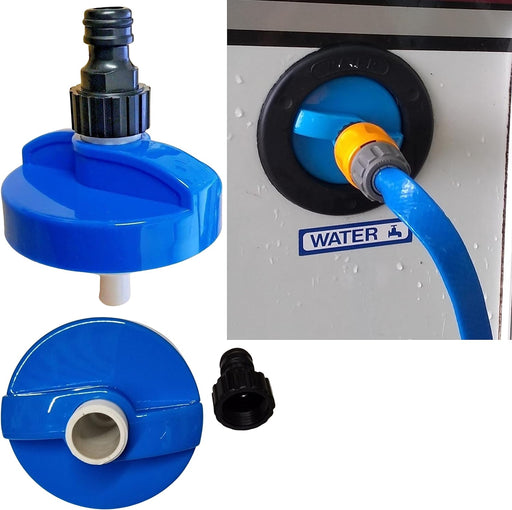 Rheinland Motorhome Water Filler Cap with Hose Connector - Campervan & Caravan Accessories UK - Built in Overpressure Valve For The Cold Water System - 55mm Inlet with Water Cap Diameter: 7.9cm - C & M Navigation Systems 